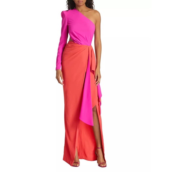 Michael Costello  Evelyn One-Shoulder Colorblocked Draped Gown. Size 2 - Picture 2 of 11